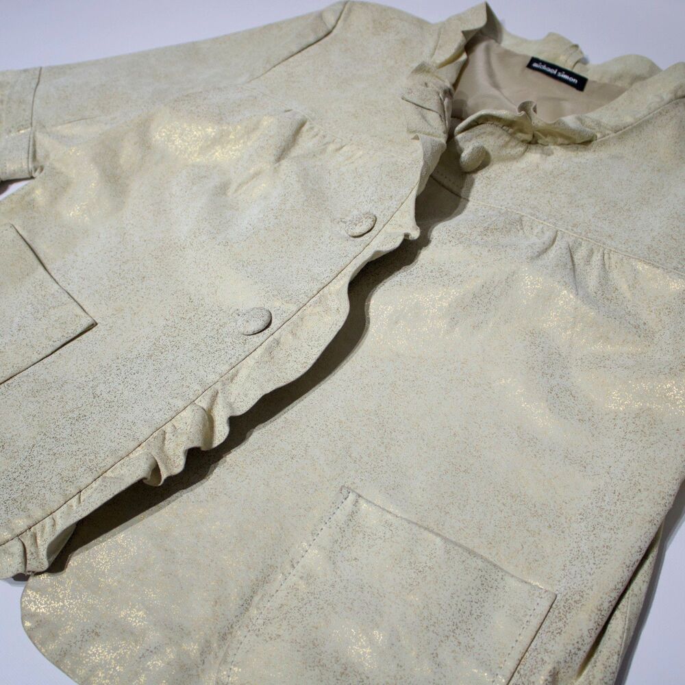 Michael Simon Ruffled Leather Jacket Beige Gold Sparkle Women Size M (B4) - Picture 9 of 16